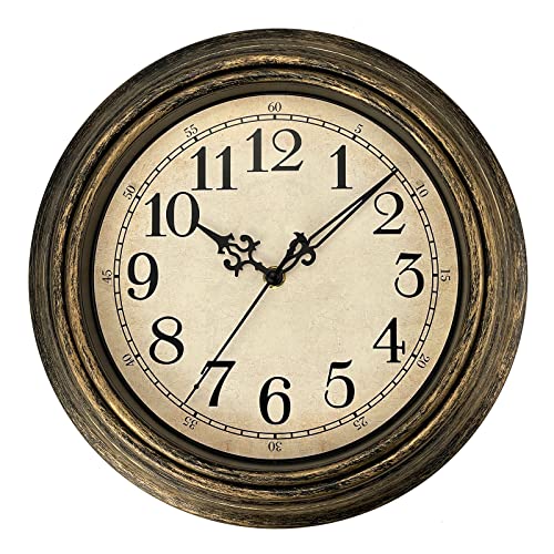 Plumeet Retro Wall Clock, 12'' Non Ticking Classic Silent Vintage Wall Clocks Decorative Kitchen Living Room Bedroom - Battery Operated - color: Copper Gold, size: 12''