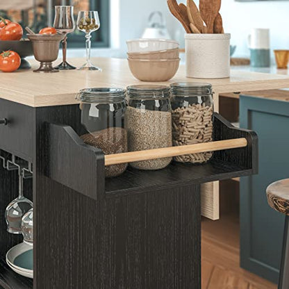 IRONCK Kitchen Island Cart with Wheels for Kitchen and Dining Room | Wine Rack, Drawers, Open Shelves, Storage, Drawer Space - color: Black