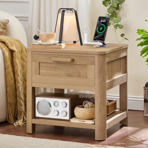 Joaxswe Farmhouse Side Tables Living Room, Natural Wood | Small Nightstand with 1 Drawers & Open Shelving & 4 Thickened Table Legs & Rounded Corners - color: Natural, size: Single