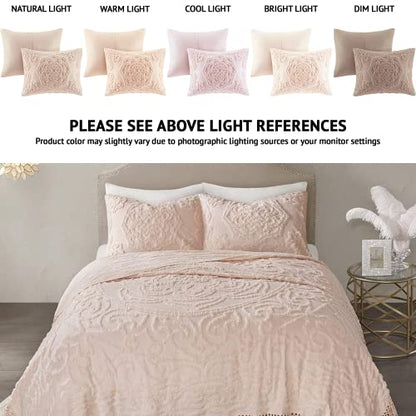 Madison Park Laetitia Lightweight 100% Cotton Quilt Set, Breathable Chenille Tufted, Shabby Chic Boho Medallion Design, Sham, Floral Blush w/ Tassels, Full/Queen (90 in x 90 in) 3 Piece | Lightweight Bedding Set, Shabby Chic, Boho, Medallion, Floral, Mach