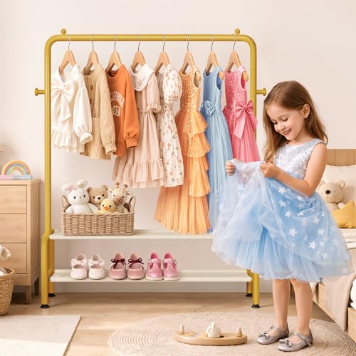 Kids Gold Clothing Rack - Dress Up Clothes Rack - Baby Toddler Closet - Freestanding Coat Racks with 2 Fabric Shelves - Small Kids Costume Wardrobe - Garment Rack for Hanging Clothes Organizer - color: Gold