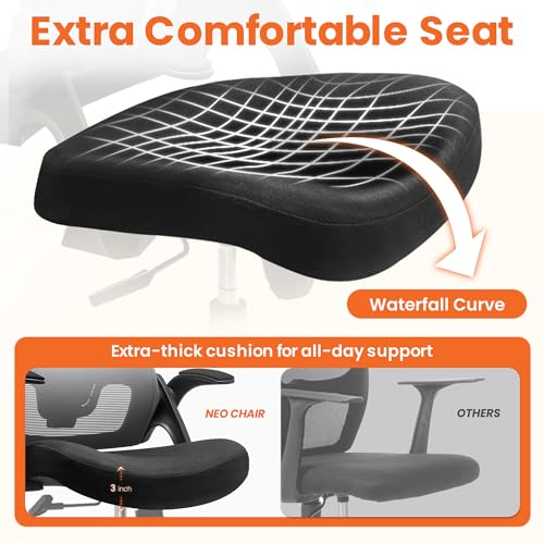 NEO CHAIR Office Desk Chair with Ergonomic High Back Mesh Headrest, Black | Adjustable Headrest and Lumbar Support with Flip-Up Armrests Designed for Extended Sitting Comfort While Saving Space - color: Black