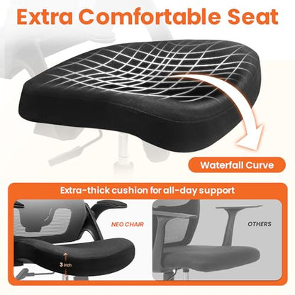 NEO CHAIR Office Desk Chair with Ergonomic High Back Mesh Headrest, Black | Adjustable Headrest and Lumbar Support with Flip-Up Armrests Designed for Extended Sitting Comfort While Saving Space - color: Black