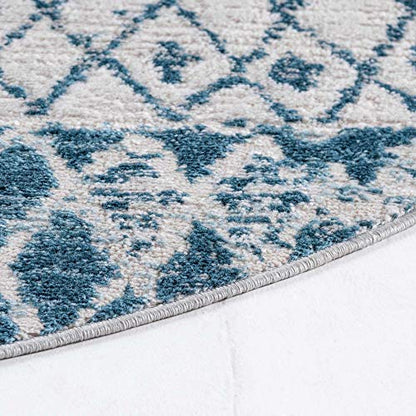 Rugs.com Leipzig Collection Round Rug – 3 Ft Round Blue Low-Pile Rug Perfect for Kitchens, Dining Rooms - color: Blue, size: 3 feet 3 inches Round