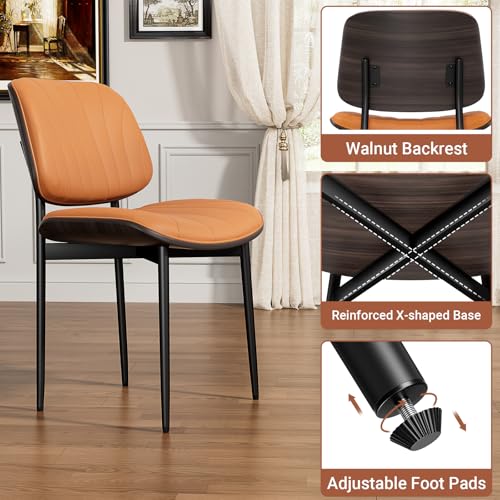 YaFiti Mid Century Dining Chairs Set of 2 with Walnut Bentwood, Orange | Ergonomic Walnut Backrest, Upholstered Waterproof PU Leather Seat, Stable Metal Legs, Adjustable Footpads, Apartment Friendly - color: Orange Scallop
