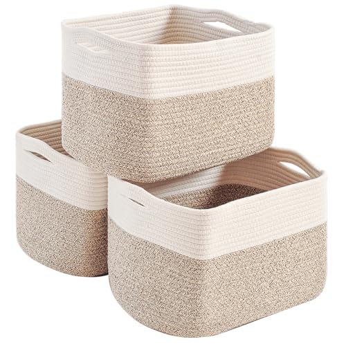 Storage Baskets for Organizing, Woven Storage Baskets for Shelves, Toy Storage Baskets for Kid's Room, Towel Baskets for Bathroom Nursery, 14.8"×11"×9.5", Pack of 3, Off White & Brown - color: Off White & Brown