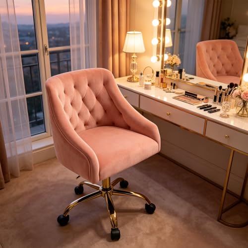 MOJAY Velvet Home Office Desk Chair, Vanity Chair with Wheels Pretty Fancy Gold 360°Swivel Height Adjustable Office Chairs for Girls Home Offices, Bedrooms, Living Room (Pink) - color: Pink
