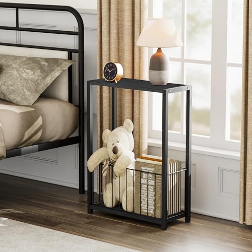 Homleke Narrow Side Table with Magazine Holder, Skinny End Table | Space-Saving Design, Small Spaces, Storage Shelf, Metal Frame, Easy Assembly, 7.1" D x 16.9" W x 23.6" H, Black - color: Black - Standard