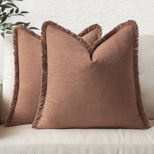 MIULEE Boho Linen Fringe Decorative Fall Throw Pillow Covers Brick 18x18 | Set of 2, Cottagecore Decor, Boho Farmhouse Neutral Pillow Covers, Rustic Fall Couch Cushion Cases for Sofa Bed Living Room - color: Brick, size: 18" x 18" (Pack of 2)