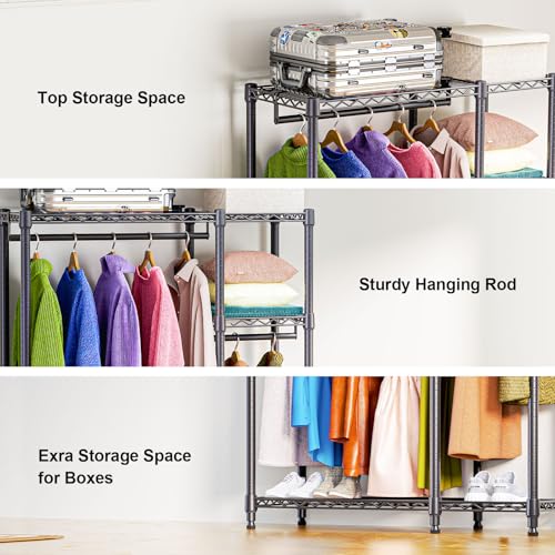 M MZG Heavy Duty Rolling Garment Rack 3 Tiers Adjustable Wire Shelving Clothes Rack with 3 Rods and Side Hooks,Storage Closet Clothing Rack Black 15.7" D x 43.3" W x 76.5" H - color: Black, size: 2 composition 15.7"D x 43.3"W x 76.5"H