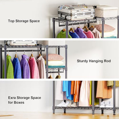 M MZG Heavy Duty Rolling Garment Rack 3 Tiers Adjustable Wire Shelving Clothes Rack with 3 Rods and Side Hooks,Storage Closet Clothing Rack Black 15.7" D x 43.3" W x 76.5" H - color: Black, size: 2 composition 15.7"D x 43.3"W x 76.5"H