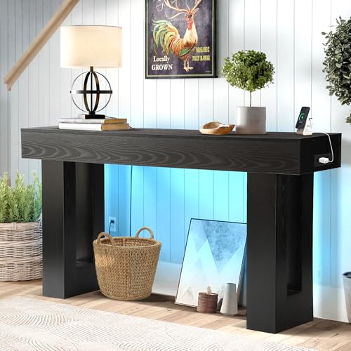 Grepatio Long Console Table with LED Light, 63 Inch Wood Entryway Table with USB Power Outlet, Narrow Sofa Behind Couch Table, Farmhouse Entry Tables for Entryway, Hallway, Living Room (LED Black) - color: Led Black