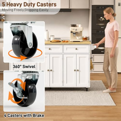 67" Large Movable Kitchen Island w/Sliding Drop Leaf,Power Outlet, Kitchen Rolling Island Cart w/ 2 Drawers, Island Table on Wheels w/ Trash Storage Cabinet,Spice Rack, Towel Bar,Garage Hook, White - color: White, size: 17.7"D x 66.9"W x 35.8"H