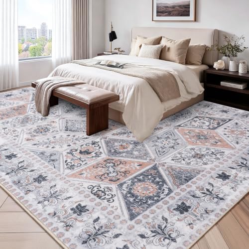 Moroccan Patchwork Washable Area Rug 5x7 for Living Room, Ivory Beige | Distressed Floral Farmhouse Bedroom Rug, Neutral Non Slip Low Pile Carpet for Nursery Dorm Apartment Office - color: Beige, size: 5x7 Feet