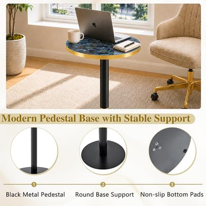 TesNus 23.6" Small Round Dining Table for 2, Circle Tulip Table, Faux Marble Top with Black Metal Pedestal Base, Modern Leisure Coffee Table for Small Spaces, Cafe, Office, Blue&Black - color: Blue Top&black Base