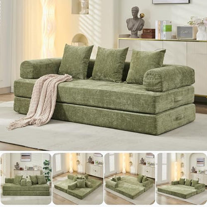 Convertible Folding Sofa Bed Modular Floor Couch, 78.8‘’ Cloud Sleeper Sofa with Removable Backrest, Chenille Foldable Mattress Couch, Lazy Loveseat for Small Space, Apartment, Bedroom, Green - color: #3-green