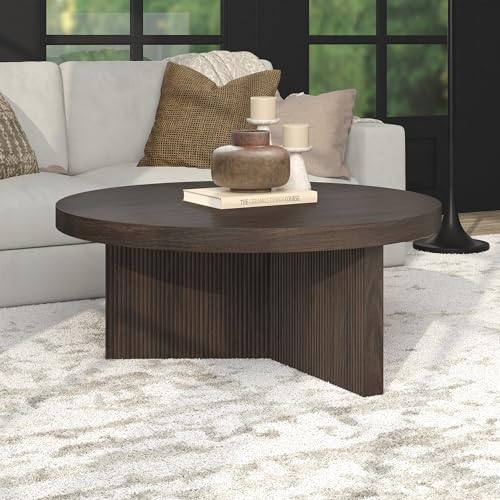 Henn&Hart 36" Scandinavian Fluted Coffee Table, Rich Brown | Ribbed pedestal base and low profile bring Scandinavian style to small spaces including living rooms or family rooms - color: Rich Brown, size: 36 inches
