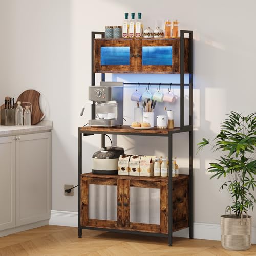 HOOBRO Bakers Rack with Storage Cabinet, 5-Tier Coffee Bar with Power Outlet and LED Lights, Industrial Microwave Oven Stand with Shelves, Kitchen Storage Shelf, Rustic Brown and Black BF13UDHB01 - color: Rustic Brown + Black