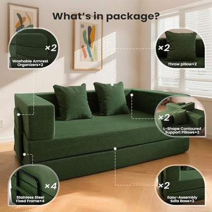 5-in-1 Futon Sofa Bed Queen Floor Convertible Couch Foldable Lounge Green | Multi-Position Convertible Lounge Couch for Guest Room & Apartment, Removable Washable Cover, Space Saving - color: Green