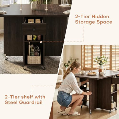 Jocoevol Space Saving Folding Dining Table for 4, Foldable Dining Table with Drawer and Storage Shelf, 6 Wheels Drop Leaf Kitchen Dining Room Table for Small Space (Walnut, 47.2" x 23.6" x 29.9") - color: Black Walnut