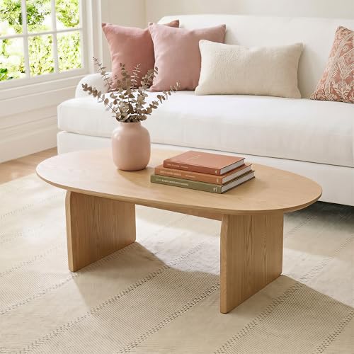 Honyee Oval Coffee Table, 47.2" Wood Coffee Table for Living Room, Modern Wooden Center Table with Solid Wood Veneer Legs, Sturdy Rounded Edge Design, Easy Assembly, Apartment Friendly, Natural - size: 47.2 inches x 27.6 inches x 16.5 inches