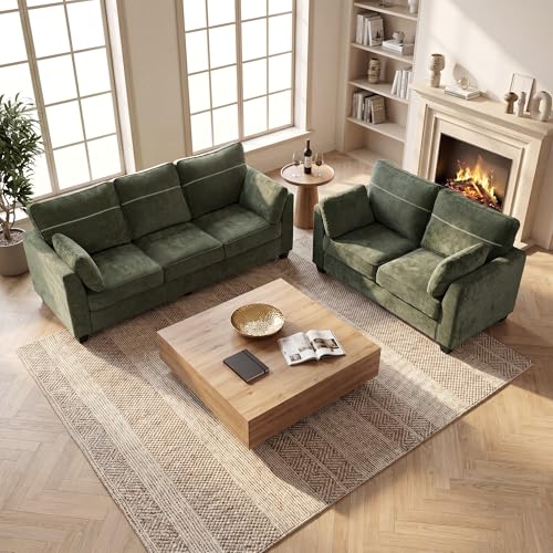 89" Sofa, Chenille 3-Seater Sofa with 2 Pillows, Green | Easy Assembly, Pocket Spring Cushions, Comfy Modern Small Couch for Living Room, Bedroom, Apartment, Office - color: Green, size: 89" 3-Seater Sofa