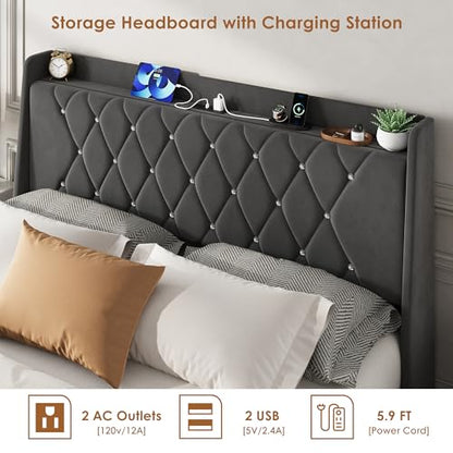 Garvee Queen Bed Frame with Storage, Velvet Upholstered Platform Bed Frame with Crystal Tufted Headboard, Charging Station, 2 Drawers, No Box Spring Needed, Noise-Free,for Bedroom, Dark Gray | Velvet Upholstered Platform Bed Frame with Crystal Tufted Head