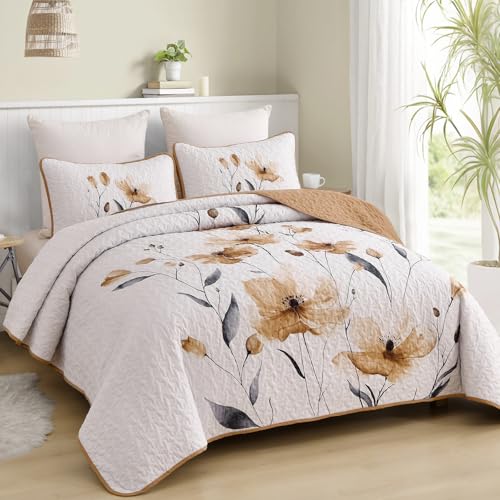 Mybedsoul King Size Quilt Set Brown, 3 Pcs Fall Bedspreads & Coverlets Set | Summer Lightweight Farmhouse Botanical Bedding Set with 2 Shams, Reversible Polyester Coverlet Set for All Seasons, 104"x90" - color: Brown, size: King104"x90"