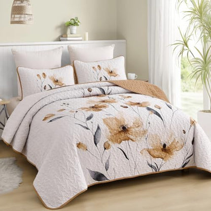Mybedsoul Full/Queen Quilt Set Brown, 3 Pcs Fall Bedspreads & Coverlets Set | Summer Lightweight Farmhouse Botanical Bedding Set with 2 Shams, Reversible Polyester Coverlet Set for All Seasons, 96"x90" - color: Brown, size: Queen96"x90"