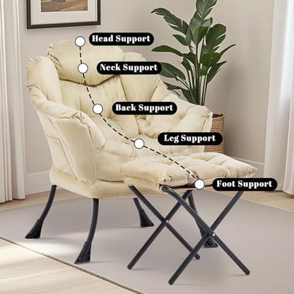 Lazy Chair with Ottoman, Comfy Reading Chair, Khaki | Cushioned Seat with Foldable Ottoman and Side Pocket, Lounge Chair for Bedroom, Living Room, Dorm and Small Spaces - color: Khaki