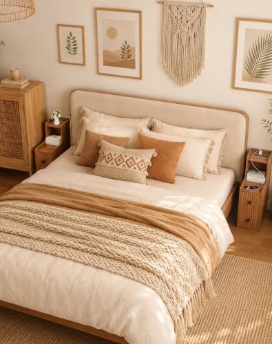 Narrow Nightstand Set of 2 with Charging Station for Small Bedroom | Open Shelf and 2 Drawers, For Small Space, Living Room, Bedroom or Sofa Side Use, Wood Grain Look, Raised Tray Top
