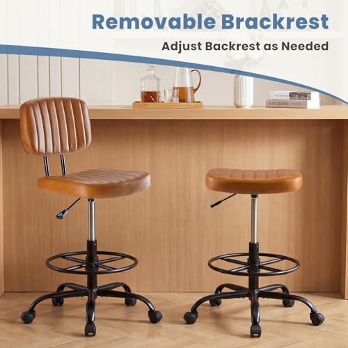 DUMOS Armless Drafting Chair, Standing Desk Chair, Rolling Stool | Ergonomic Low Back Office Seat, Height Adjustable with Footrest Ring, PU Leather, Swivel Wheels, Studio Lab Counter, Brown - color: Brown
