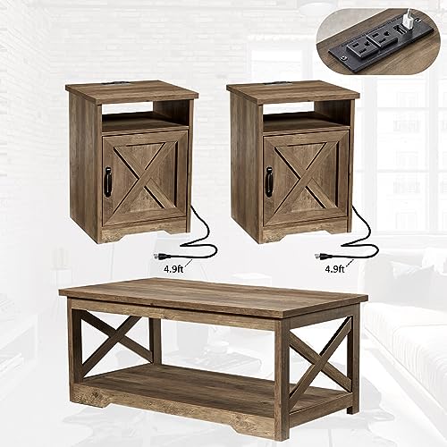 AMERLIFE 3 Piece Farmhouse Living Room Coffee Table Set, Barnwood | Coffee Table & 2 End Tables with Charging Station and USB Ports, Farmhouse Style, Barn Door Design, Living Room Furniture - color: Barnwood