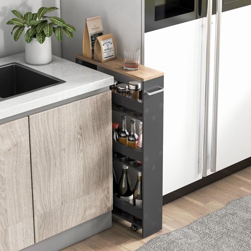 Slim Storage Cart, 4-Tier Rolling Cart with Handle & Wooden Top for Kitchen Bathroom Laundry Living Room Narrow Small Spaces, 5 Inches Width (Grey & Natural) - color: Grey & Natural