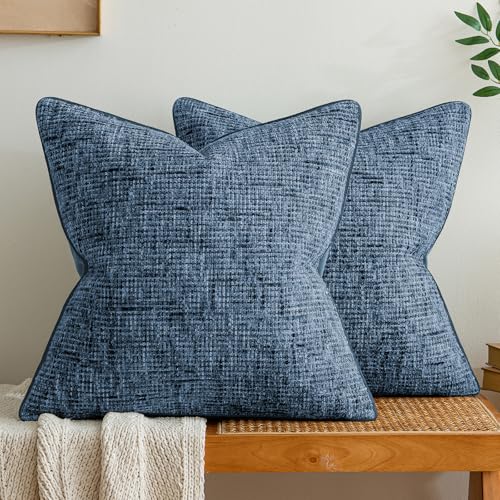 a moment Blue Reversible Pillow Covers 2 Pack - Farmhouse Chenille Throw Pillows, Neutral Textured Decorative Throw Pillow Covers with Border for Couch Sofa Bed (20x20 Inch, No Insert) - color: Blue, size: 20" x 20" (Pack of 2)