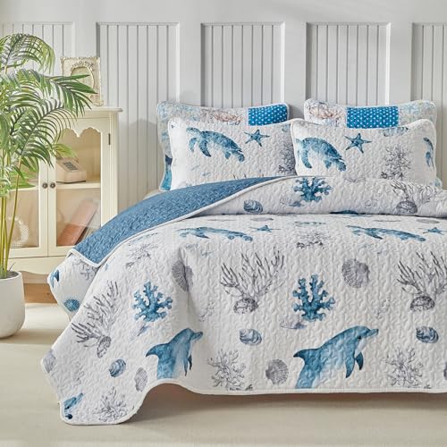 Kids Coastal Quilt Sets Twin Size - Reversible Microfiber Dolphin Turtle Ocean Style Quilts with 1 Shams Soft Lightweight Beach Bedding Nautical Bedspread Coverlet Summer Comforter for All Season - color: Dolphin, size: Twin-68x86 in