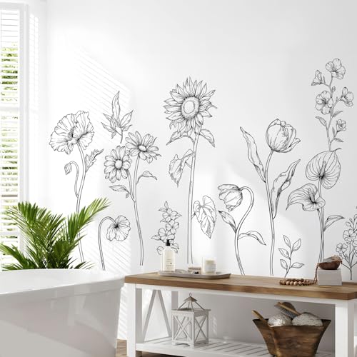 Large Black and White Flower Wall Decals, 3 Sheets Simple Modern Minimalist Sunflower Tulip Wall Stickers Floral Art Decor for Girls Bedroom Home Room Office Adult Gifts for Mom(11.8x35.4 in/Sheet) - style: Large Sunflower Set