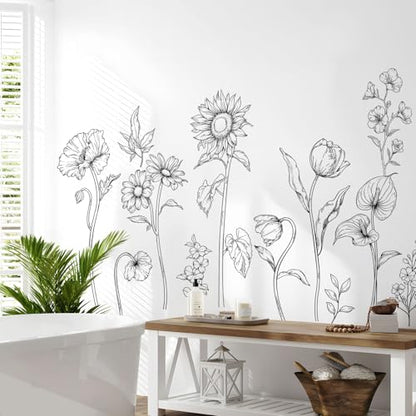 Large Black and White Flower Wall Decals, 3 Sheets Simple Modern Minimalist Sunflower Tulip Wall Stickers Floral Art Decor for Girls Bedroom Home Room Office Adult Gifts for Mom(11.8x35.4 in/Sheet) - style: Large Sunflower Set