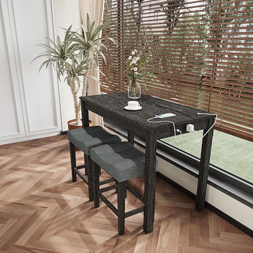 allamazing 3-Piece Counter Height Bar Table Set with Socket and 2 Fabric Padded Bar Stools, Tall Kitchen Breakfast Dining Table Set with Stools (1+2 Black) - color: 1+2 Black