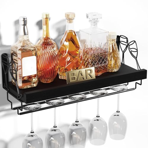 Love-KANKEI Wine Rack with Stemware Hanger,Solid Wood/Bracket,17inch,Black | Wine Glass Rack,Floating Wall Shelf,Easy to Install,40 Lbs/shelf,For Kitchen,Dinning Room,Home Bar,Living Room,Elegant Design - color: Pitch Black