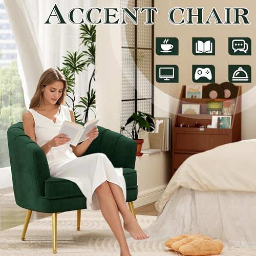 Velvet Accent Chair, Barrel Armchair, Green | Velvet Upholstery, Golden Metal Legs, Comfy Barrel Back, Modern Style, Living Room Bedroom Office - color: Green, size: 1 Chair