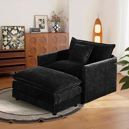 Comfy Chenille Modular Single Sofa with Ottoman, 1Seat+1Ottoman,Black | Randomly Assemble Modular Sofa Sets, Modern Recliner Deep Seat Sofa Set for Living Room,Office - color: Black, size: 1S+1O