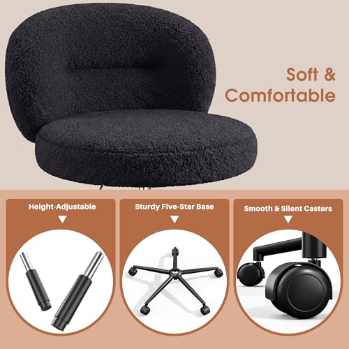 Homkdom Round Vanity Chair with Silent Wheels, 17.32" Wide Seat | Height Adjustable, 360 Swivel & Smooth Rolling, Armless Design for Makeup and Study - Black - color: Black