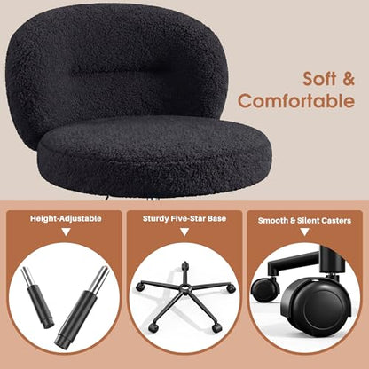 Homkdom Round Vanity Chair with Silent Wheels, 17.32" Wide Seat | Height Adjustable, 360 Swivel & Smooth Rolling, Armless Design for Makeup and Study - Black - color: Black