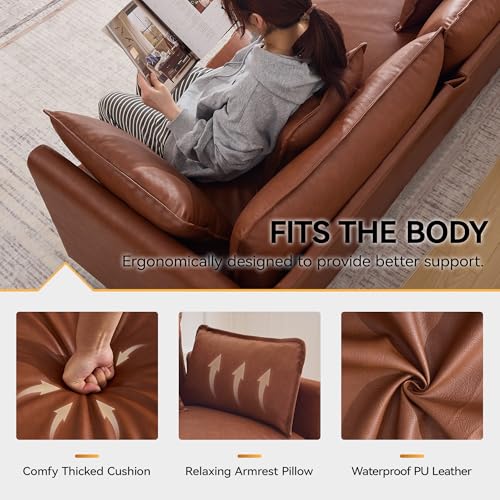 111'' Sectional Cloud Deep Seat Couch, Modern Comfy Leather Modular Sectional Sofa for Living Room Set, Upholstered Modular 3-Seats Sofa Couch, Leather Brown - color: Pu-dark Brown, size: 111'' 3 Seats