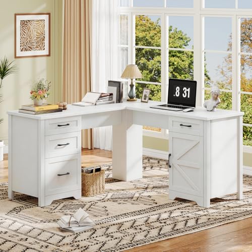 Vabches 59” Farmhouse L Shaped Executive Desk with File Drawer, Cream White | Home Office Desk with Storage Cabinet, Wood Corner Sturdy Writing Workstation - color: Cream White, size: Cabinet on the Right