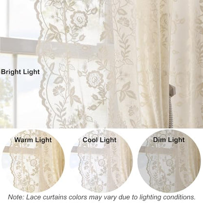 FINECITY Beige Lace Curtains Rustic Leaf Floral 42 x 84 Inch, 2 Panels | Rod Pocket, Airy Knit Settles, Rays Muted, Earthy Tone Fits Country Style, Standard Fall Frames Windows, Privacy - color: Beige, size: 42"W x 84"L (Pack of 2)