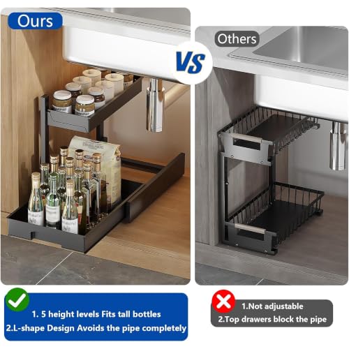 BLULEE 2 Pack Under Sink Organizer, Adjustable Pull Out Storage Rack | L-Shaped Set of 2 Sliding Bathroom Vanity & Kitchen Shelf, Bypasses Pipes, Heavy Duty Metal Frame Fits Tall Bottles