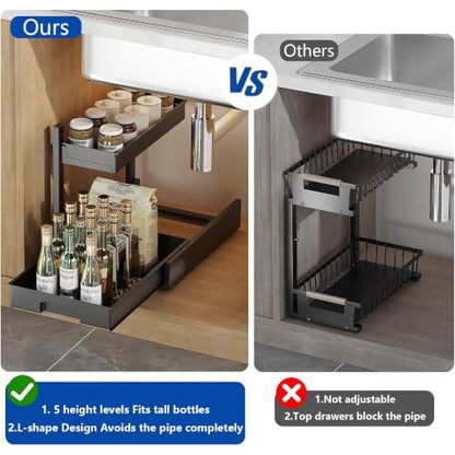 BLULEE 2 Pack Under Sink Organizer, Adjustable Pull Out Storage Rack | L-Shaped Set of 2 Sliding Bathroom Vanity & Kitchen Shelf, Bypasses Pipes, Heavy Duty Metal Frame Fits Tall Bottles