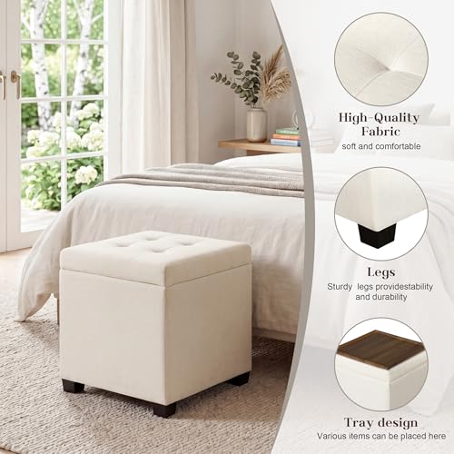 15 inch Square Storage Ottoman with Tray Lid,Modern Tufted Fabric Cube Coffee Table with Storage,Upholstered Ottoman with Removable Top for Living Room, Bedroom - color: Cream White With Tray